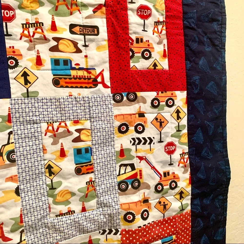 Handmade Child’s Construction Vehicles Transportation Patchwork Quilt Multicolor
